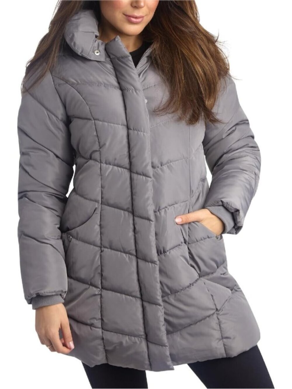 Women Grey 100%Polyester Quilted Windproof Zip Pockets Parka Long Puffer Jacket